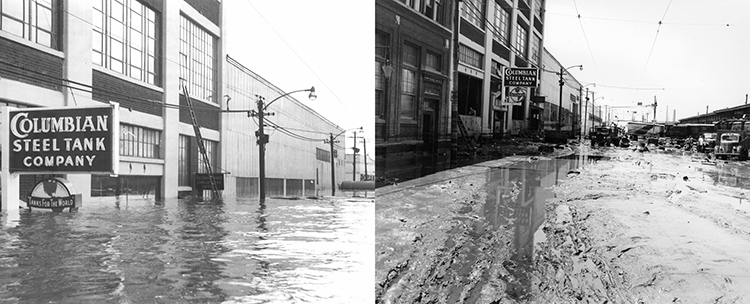 Columbian Steel Tank Company building at 12th and Liberty streets during the flood (left) and afterward (right).