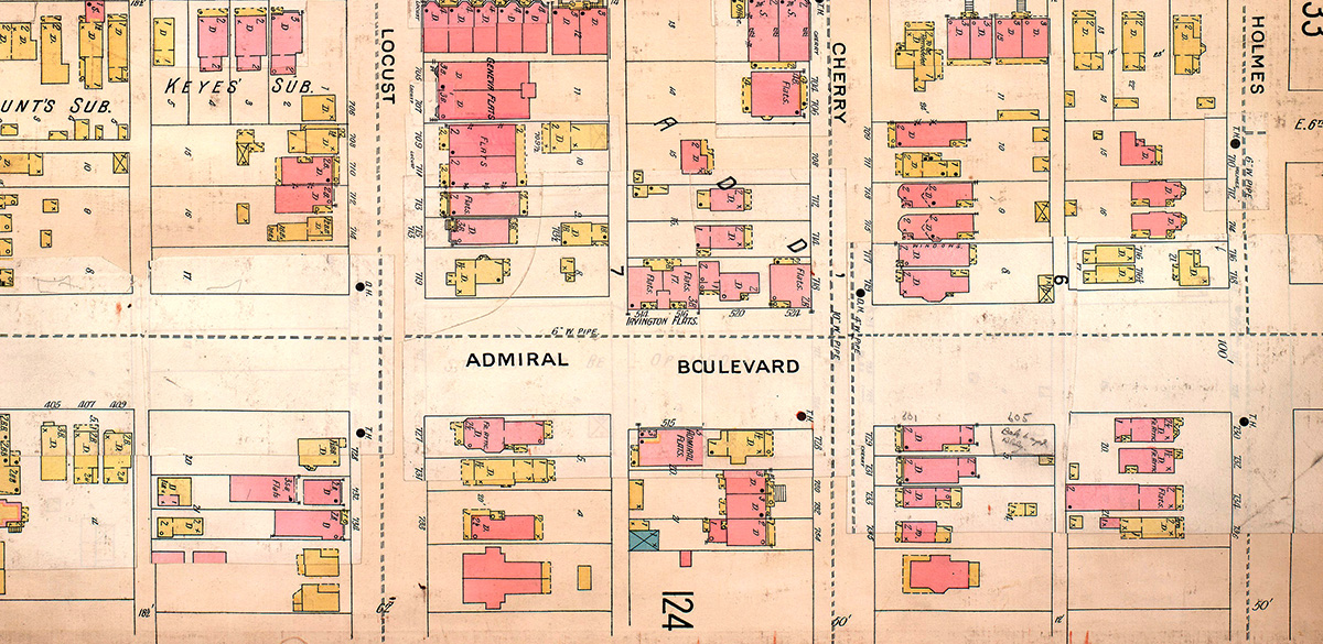 Sanborn fire insurance map first published in 1896 and updated in 1907. If you look closely, you can see where new paper showing the broadened street was pasted over the original depictions of narrower Admiral Avenue. Once completed, Admiral Boulevard joined an existing parks system that included three major parks (North Terrace, West Terrace, and Penn Valley), several community parks (Parade, Grove, and Budd), and several Boulevards (The Paseo, East [Benton], Independence, and Armour / Linwood).