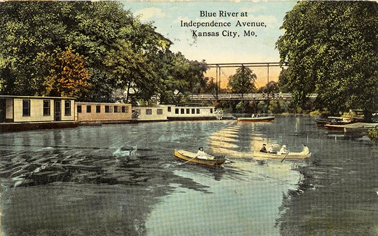 Postcard of houseboats on the west bank of the Blue River, dated Aug. 6, 1917.