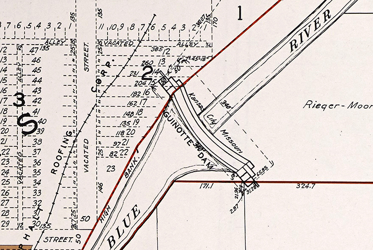 Guinotte Dam north of 13th Street. From Atlas of Kansas City and Its Environs, 1925.