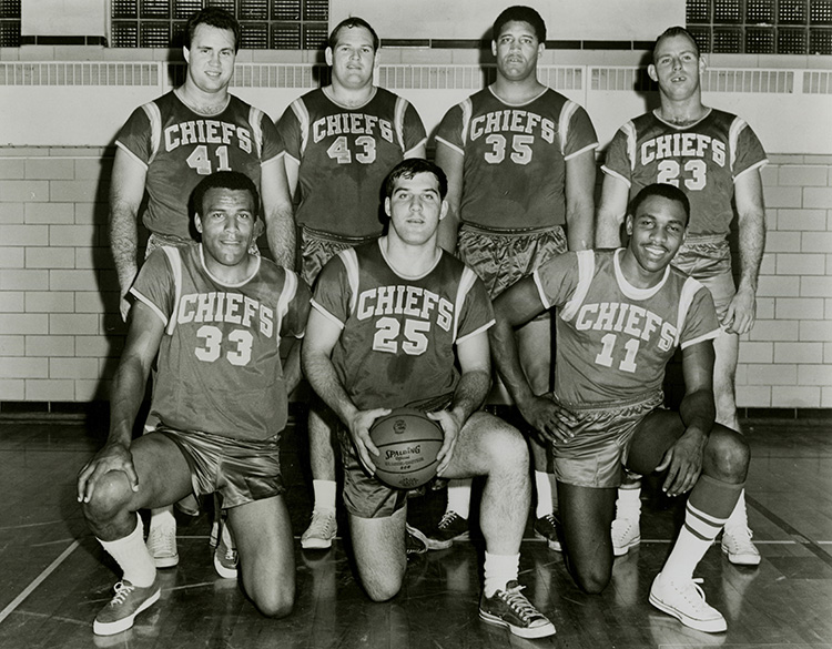 The 1968 squad, back row from left: Ed Budde, Dave Hill, Buck Buchanan, and Jerrel Wilson; front row from left: Chuck Hurston, Jim Lynch, and Otis Taylor.