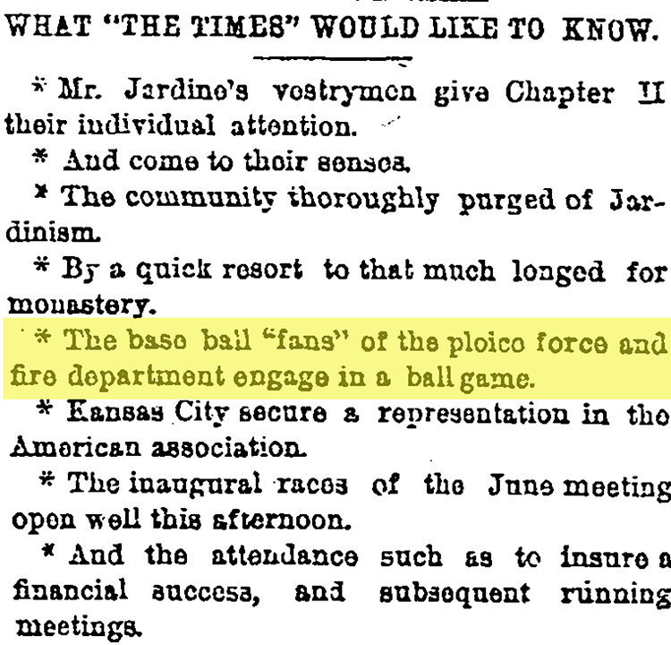 An early mention of “base ball fans,” The Kansas City Times, June 16, 1885.