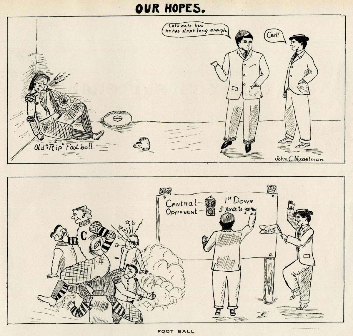 Cartoon from 1907 Central High School Yearbook Celebrating the Return of Football