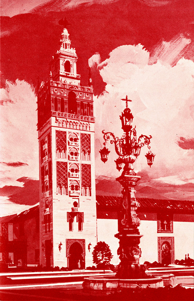 Illustration of the Giralda Tower and Seville Light Fountain from the October 12, 1967, dedication program.