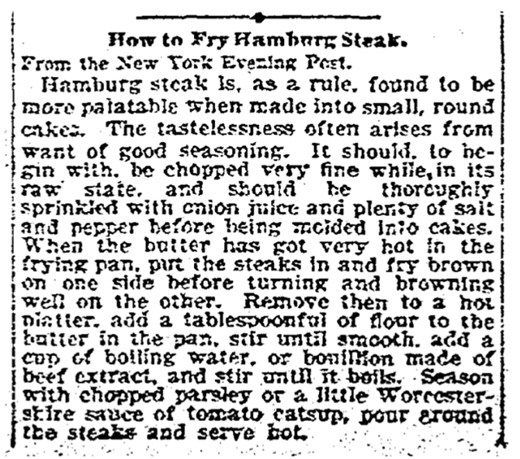 Directions for frying Hamburg Steak, THE KANSAS CITY STAR, Jan. 8, 1898