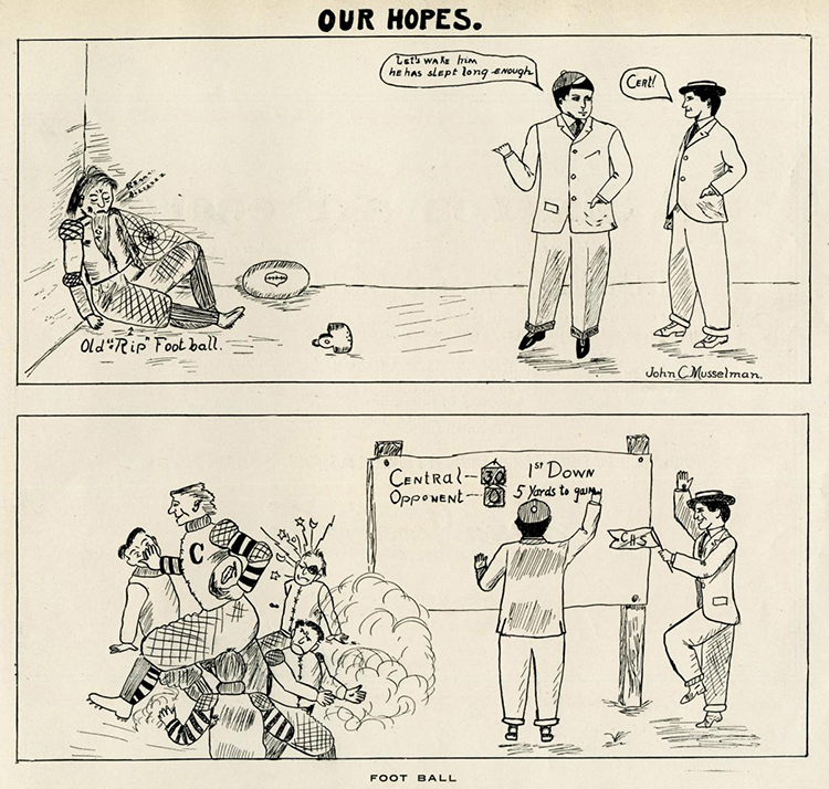 A 1907 cartoon created by Central students expressing their desire for football’s return.