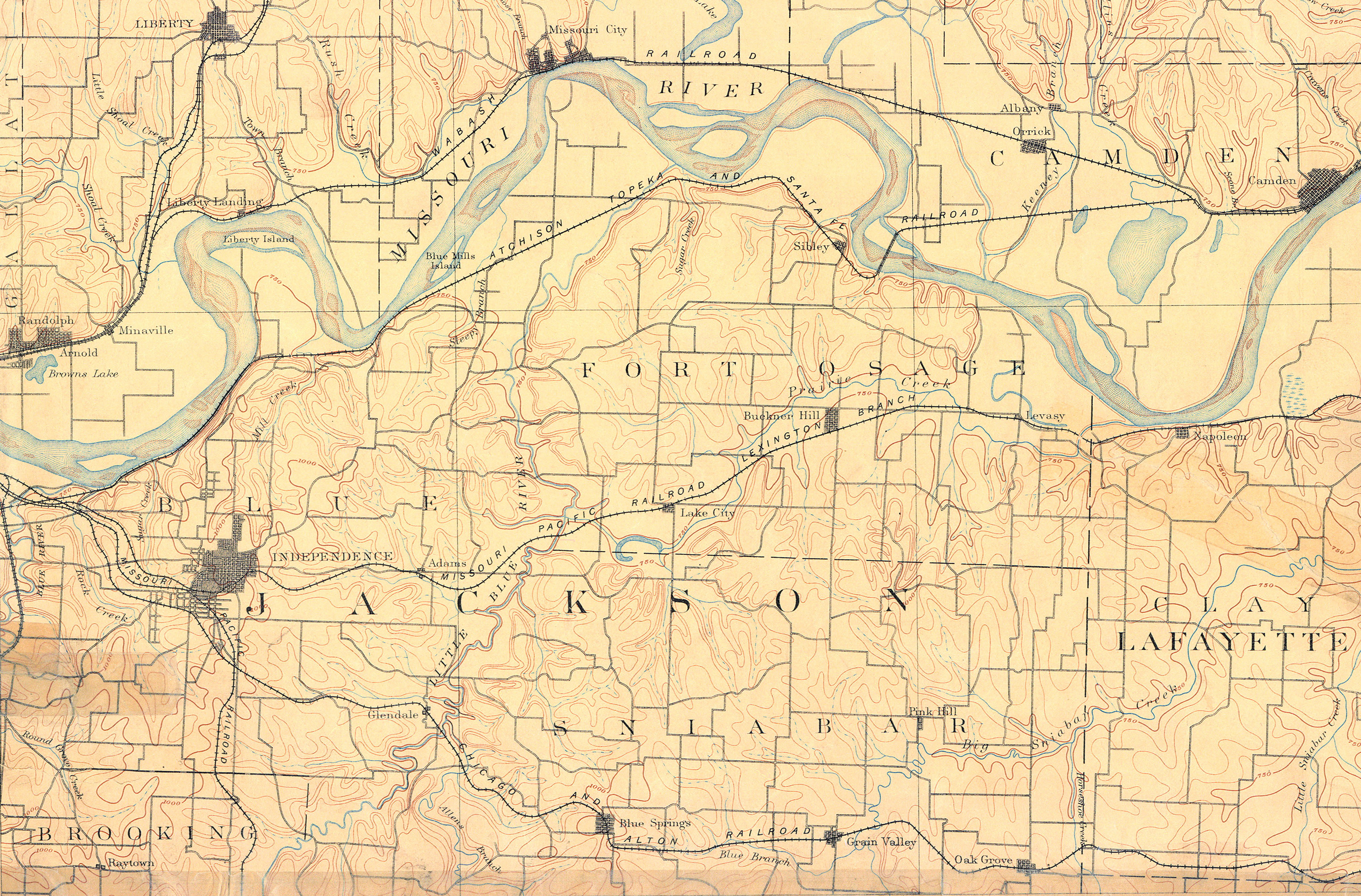 1894 map showing distance between Independence and the Missouri River.