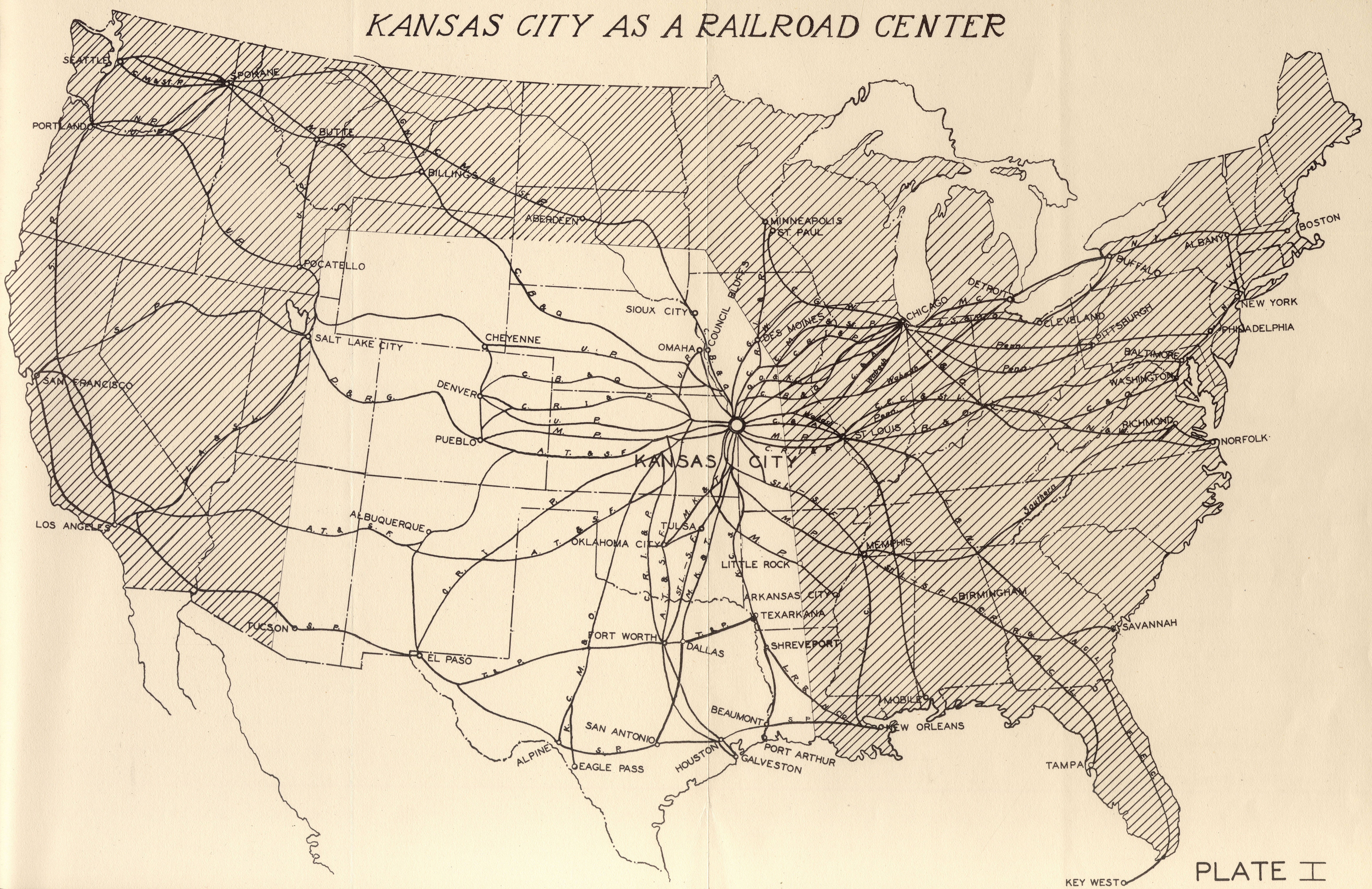 1930 map showing Kansas City as the nation’s railroad center.
