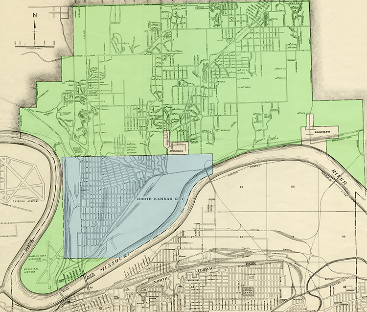 The Clay County Annexation zone (in green), and the city of North Kansas City (in blue). North Kansas City’s proposal did not include the area around the Municipal Airport (now known as the Charles B. Wheeler Downtown Airport).
