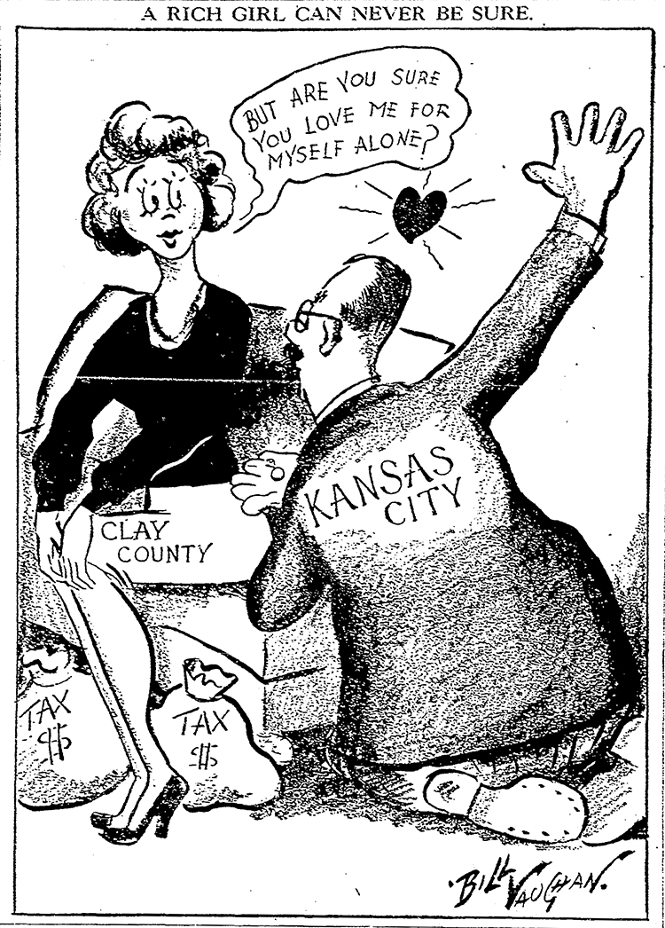 Political cartoon showing a desperate proposal from Cookingham to Clay County residents and their tax dollars. KANSAS CITY STAR