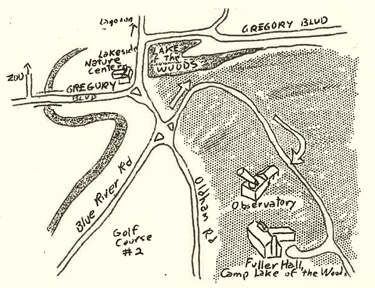 Map portion showing the Swope Park Observatory off what is now Oakwood Road. From a Junior Astronomy Club flyer, 1966. KC PARKS & RECREATION