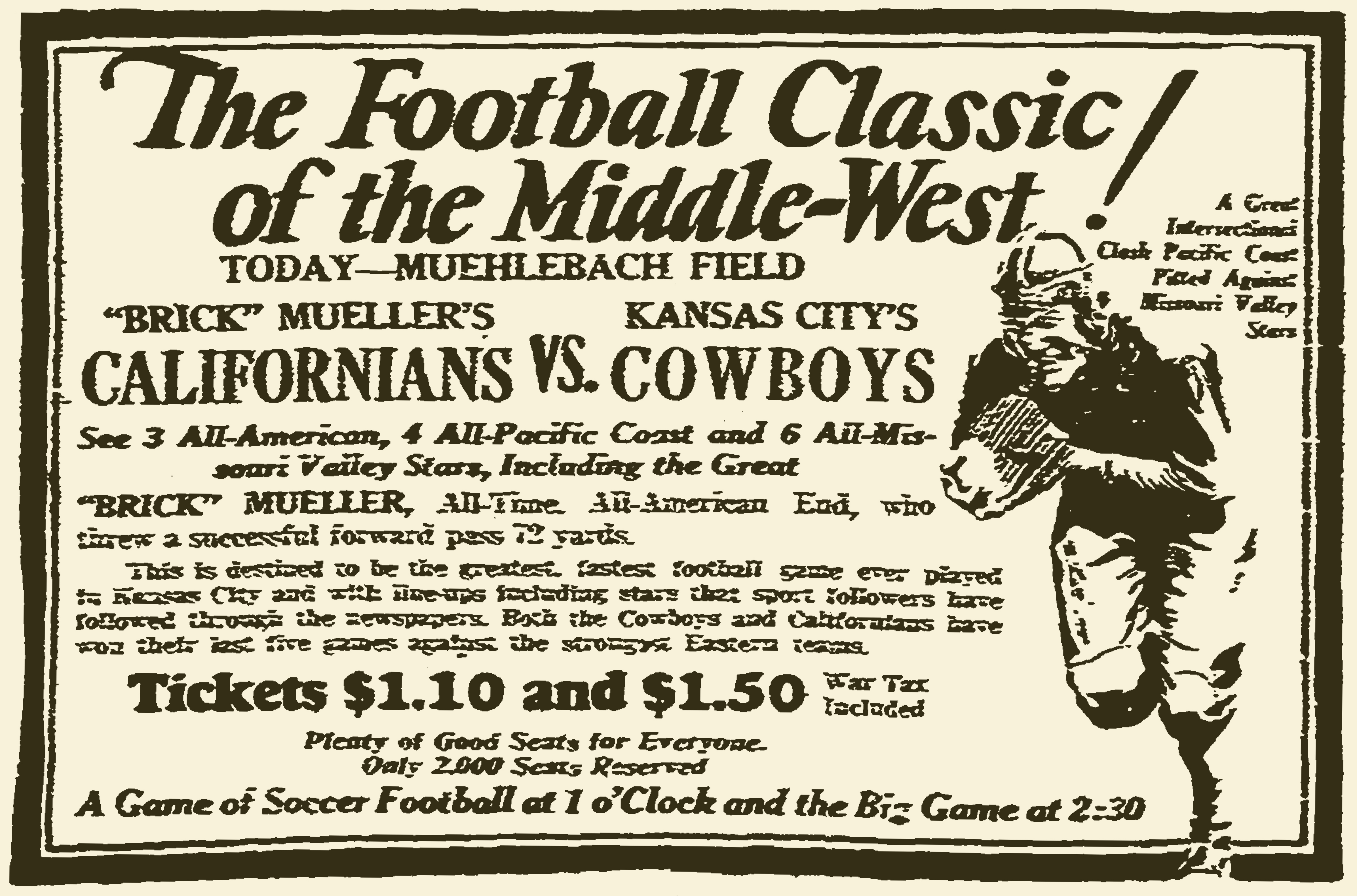 Ad for a Cowboys game at Muehlebach Field on December 5, 1926. THE KANSAS CITY STAR