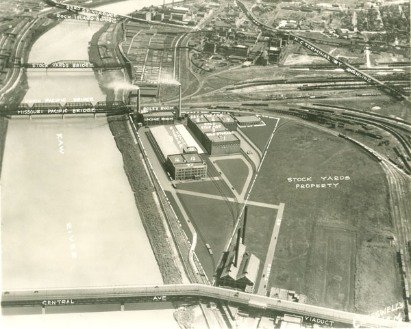Photograph showing Kansas City Stockyards property and Kaw River area between 23rd Street Viaduct and Central Avenue