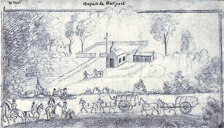 Sketch of the St. Francis Regis Church, rectory, and cemetery by Father Nicolas Point, 1841. COURTESY OF MANUSCRIPTS, ARCHIVES, AND SPECIAL COLLECTIONS DEPT., WASHINGTON STATE UNIVERSITY LIBRARIES