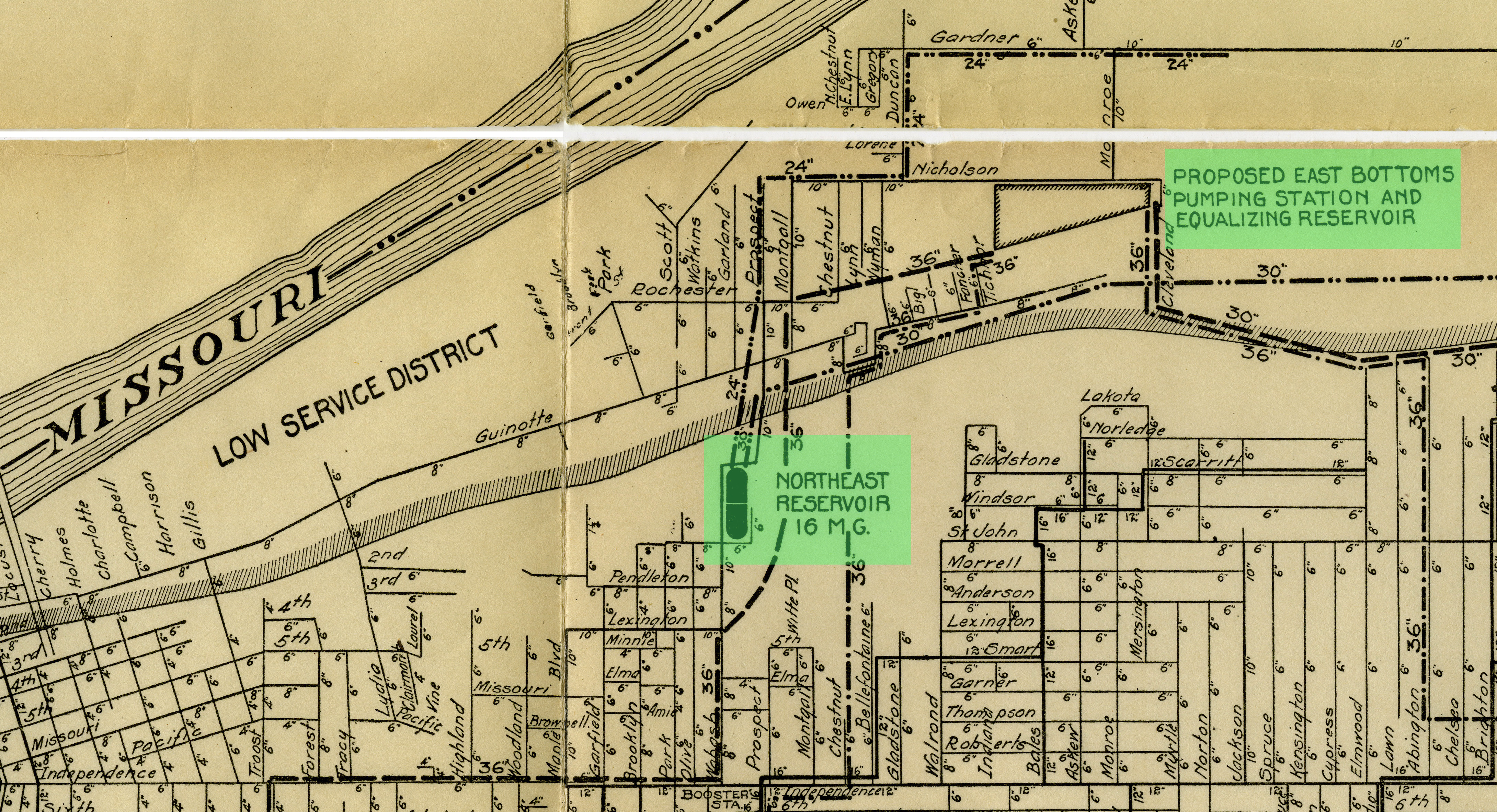 Map showing the location of the proposed East Bottoms pumping station in relation to the Northeast reservoir.