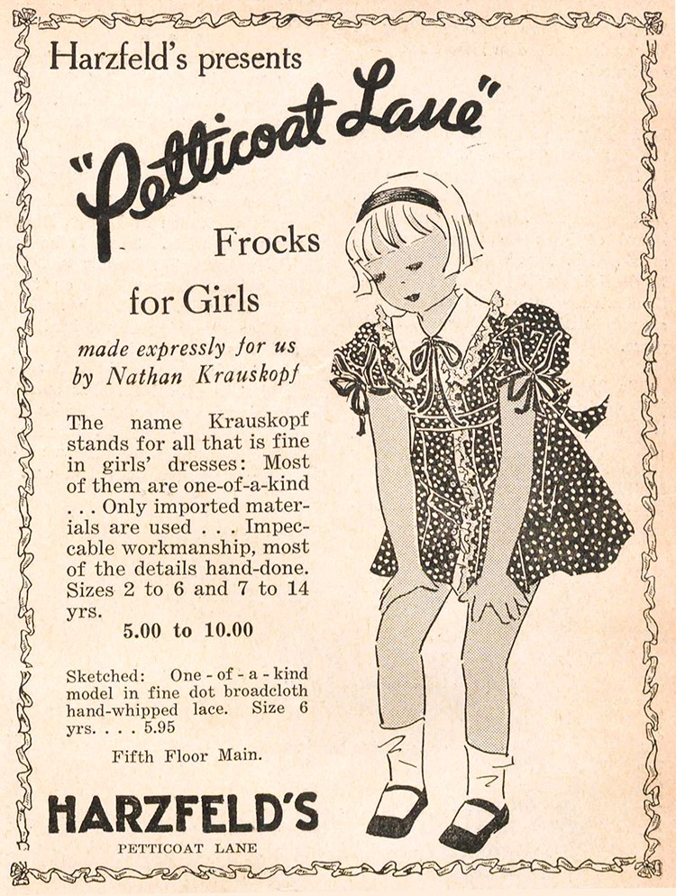 Harzfeld's Petticoat Lane advertisement.