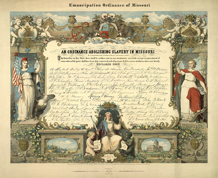 Print to celebrate the immediate emancipation of enslaved people in Missouri, passed on January 11, 1865. LIBRARY OF CONGRESS
