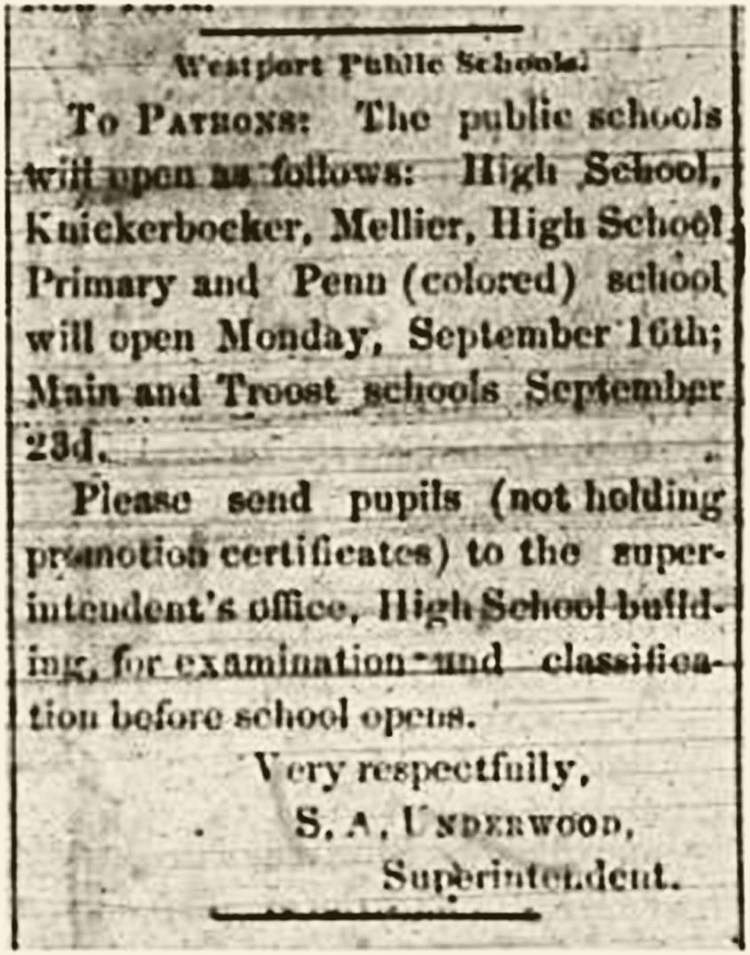 A back-to-school announcement from September 14, 1895 naming the Penn School. WESTPORT-SENTINAL EXAMINER