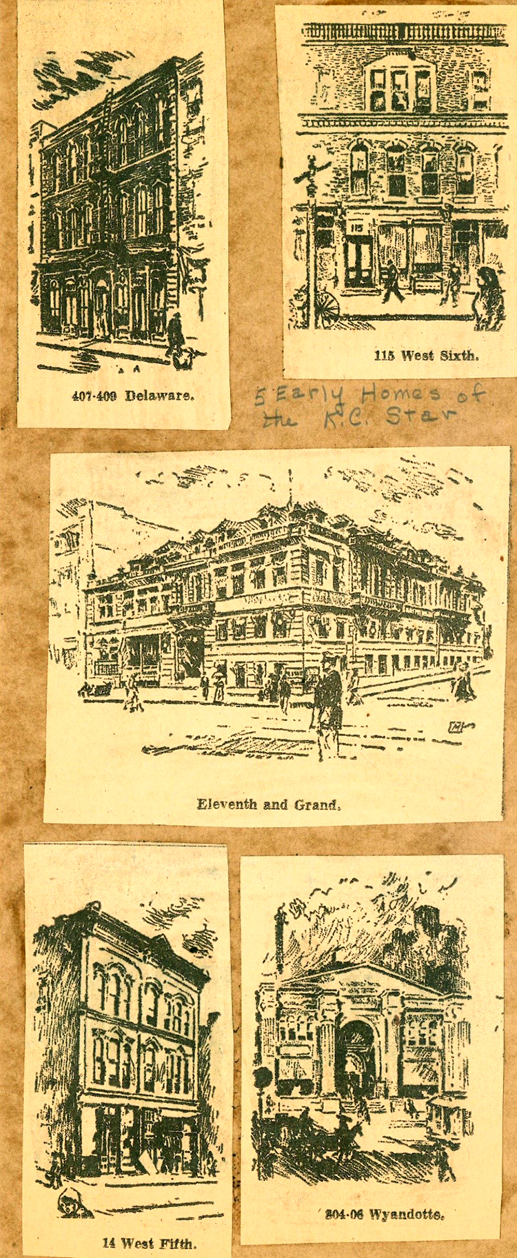 Newsprint photos of former Kansas City Star buildings.