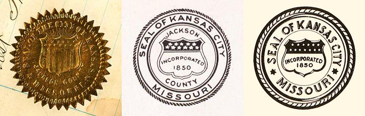 From left: the city’s first seal on an 1882 proclamation, the version used after 1889, and the final version with Jackson County removed.
