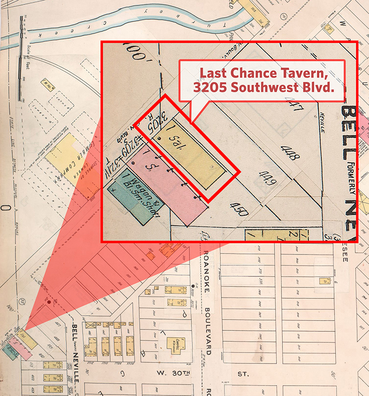 Sanborn map showing 3205 Southwest Blvd., home of the Last Chance Tavern.