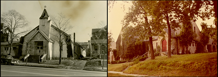 St. George’s at Linwood and The Paseo after a 1954 fire (left) and the church built at 58th and Highland in 1956 (right).