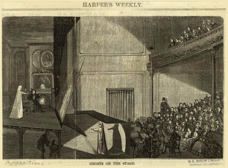 An illustration in Harper’s Weekly demonstrating how a false image of a ghost could be projected from below. NEW YORK PUBLIC LIBRARY