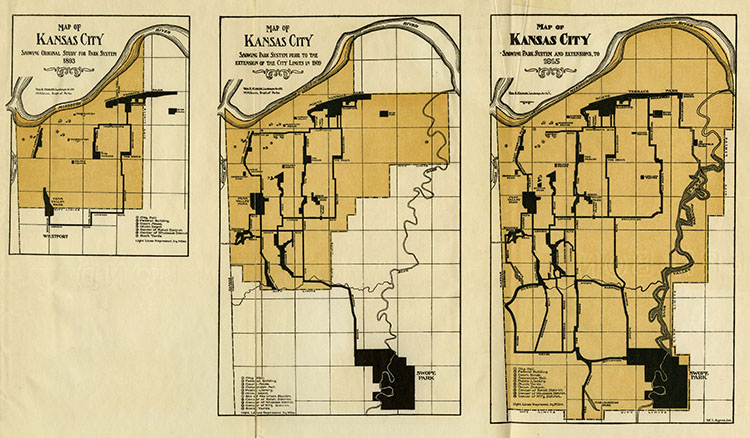 Maps illustrating the growth of Kansas City’s parks and boulevards plan from 1893-1915.