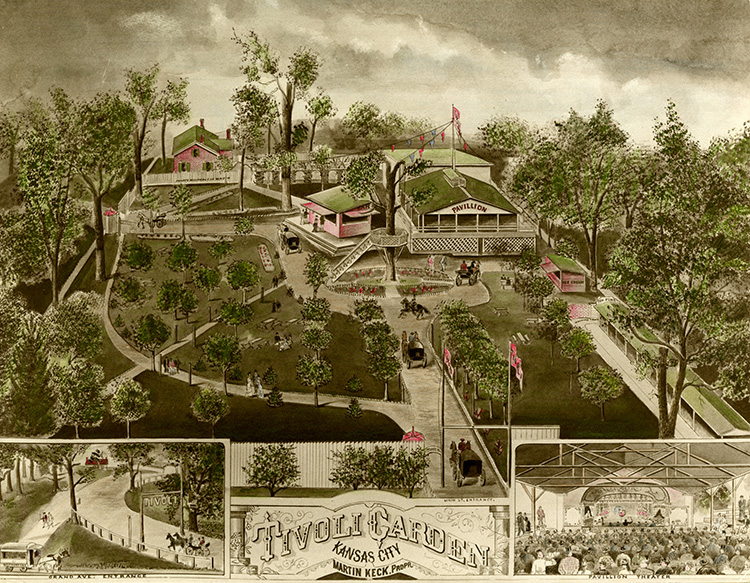 Colorized Tivoli Garden illustration, 1870s. The Keck residence is pictured upper left.