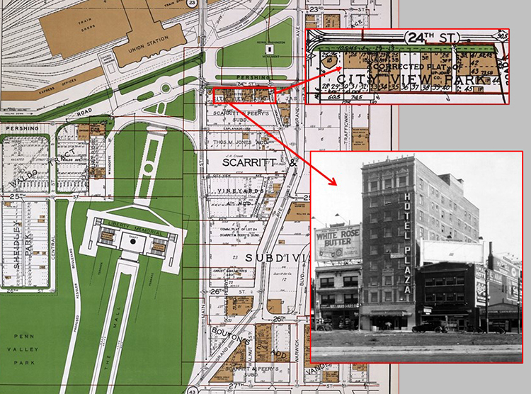 The 1925 Atlas of Kansas City shows the area around 24th (Pershing Road) and Main Street. Inset is a view of the Plaza Hotel and other businesses along 24th Street.
