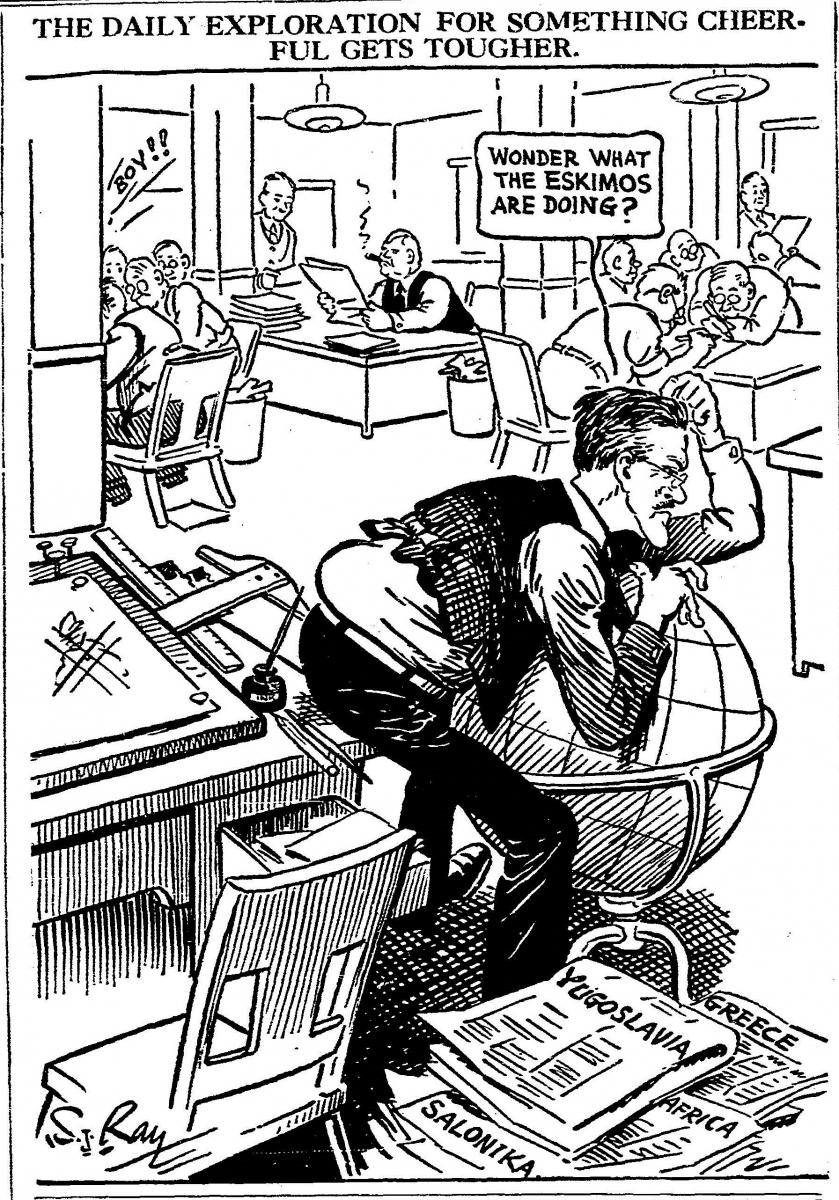 Ray includes a self-portrait in his cartoon after a particularly dismal week during World War II. The Kansas City Star, April 10, 1941.