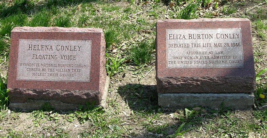 Gravestones of Helena and Eliza (Lyda) Conley in Wyandotte National Burying Grounds (Huron Cemetery).