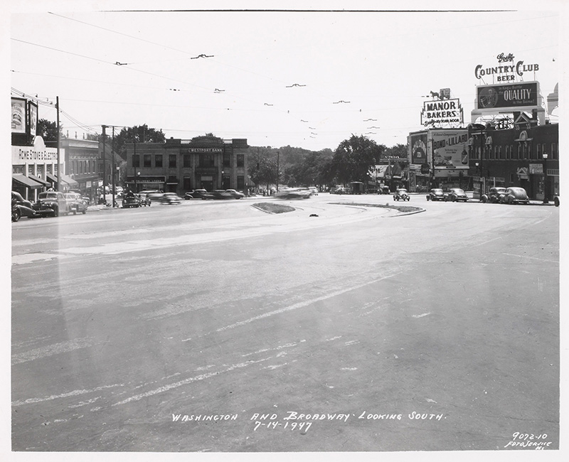 Intersection of Westport and Broadway, 1947. Kansas City Public Library.