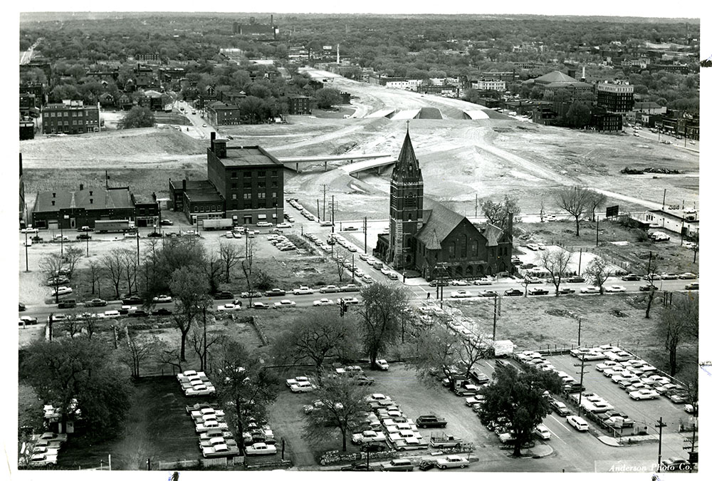 The Jackson County Historical Society helped save St. Mary’s Episcopal Church during demolition for the Civic Center Project, 1960. Kansas City Public Library.