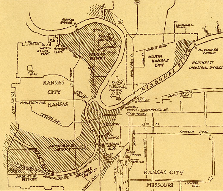 Map showing the affected areas of the 1951 Flood in the KC metro.