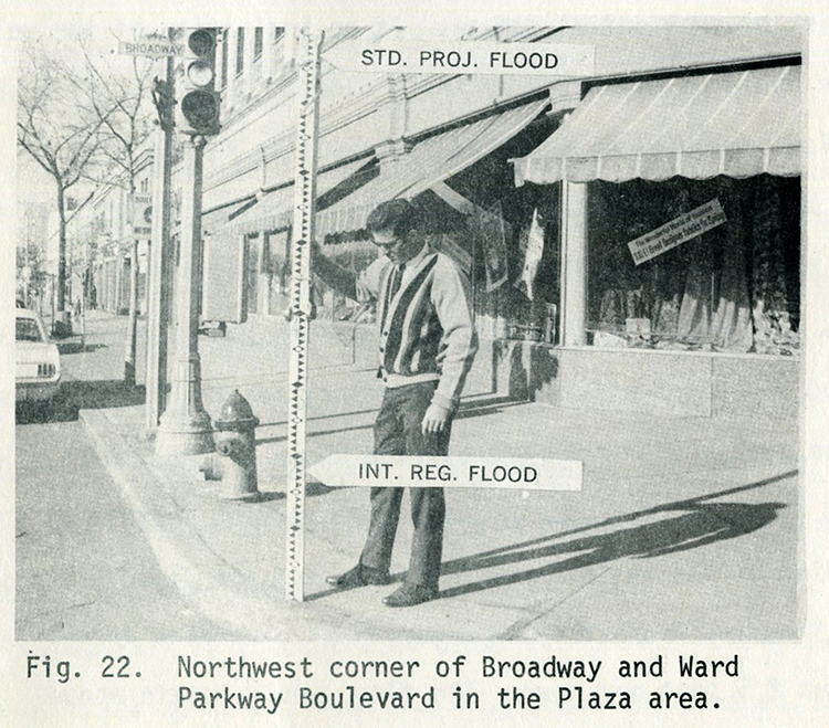 Image from a 1970 U.S. Corps of Engineers report showing projected flood levels for Brush Creek.