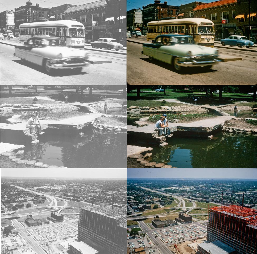 A selection of images from the Dorothea Eldridge Slide Collection presented as they were originally scanned along with the new color versions.