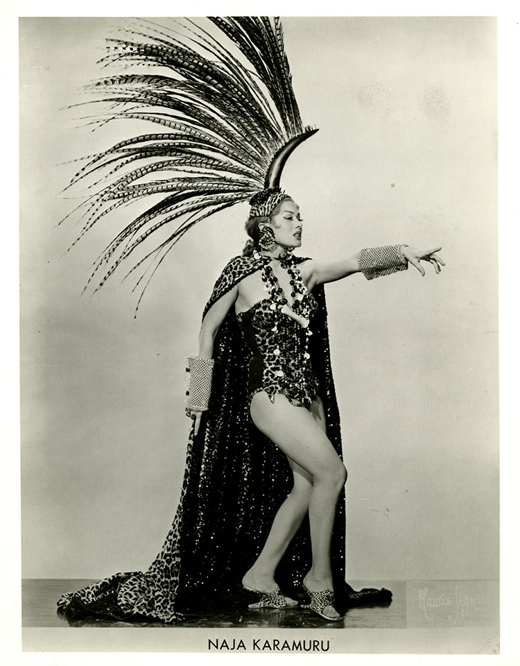 Dubbed “Brazil’s answer to Jayne Mansfield” Naja Karamuru was known for incorporating live snakes into her dances—including pythons, cobras, and boa constrictors. She likely appeared at the Folly Theater during the 1950s, in the midst of its burlesque heyday.