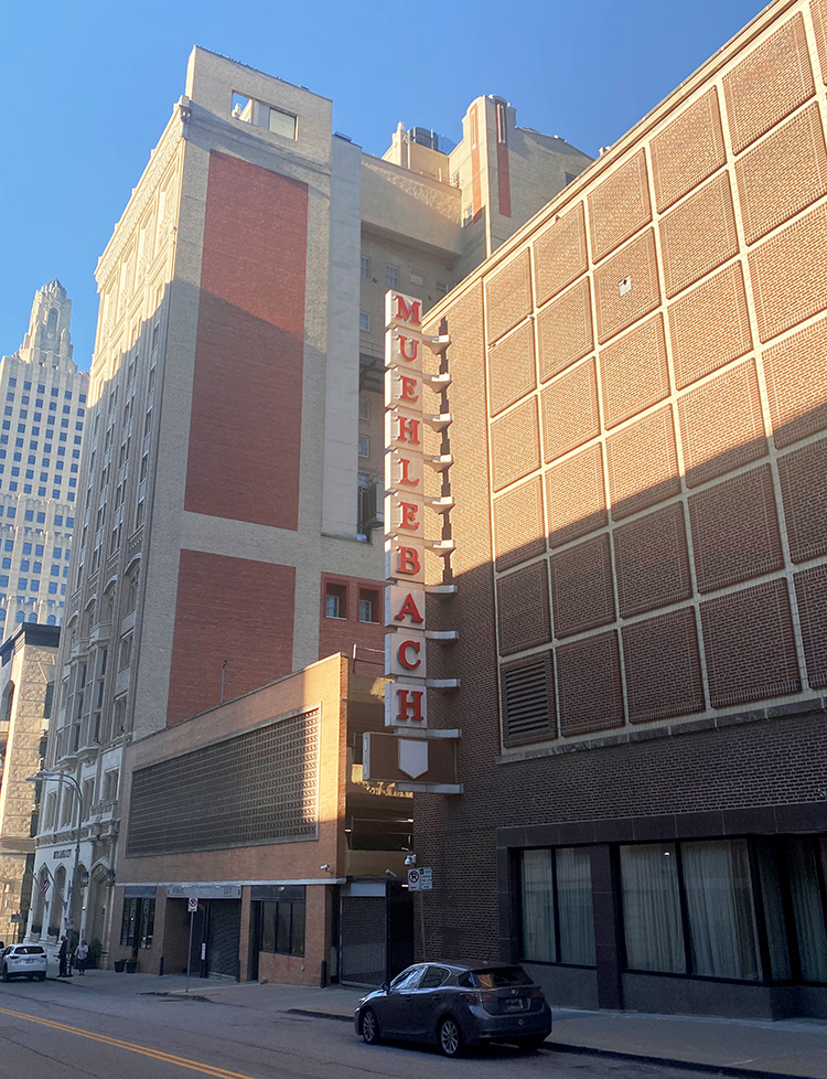 The Muehlebach sign outside a downtown hotel.