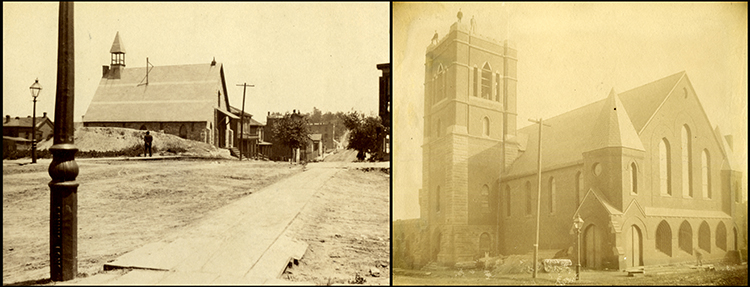 The St. Luke’s Mission church at 4th and Locust (left) and the third and final St. Mary’s Church building at 13th and Holmes (right).