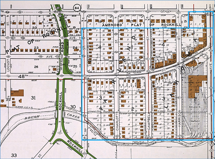 1925 Atlas of Kansas City showing the Fairland and Lahoma additions (outlined in blue).