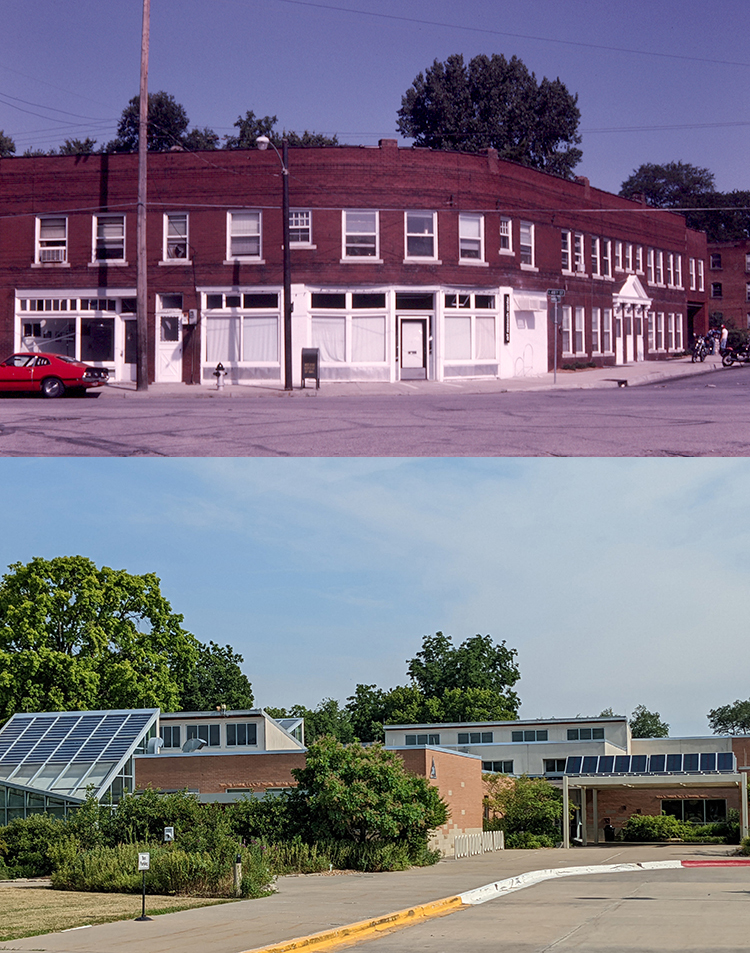 (Top) Business building on the northwest corner of 48th and Harrison, 1980s. (Bottom) Same view, current site of the Anita B. Gorman Conservation Discovery Center. JEREMY DROUIN