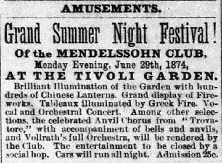 Advertisement for a festival at Tivoli Garden in The Kansas City Journal of Commerce, June 27, 1874.