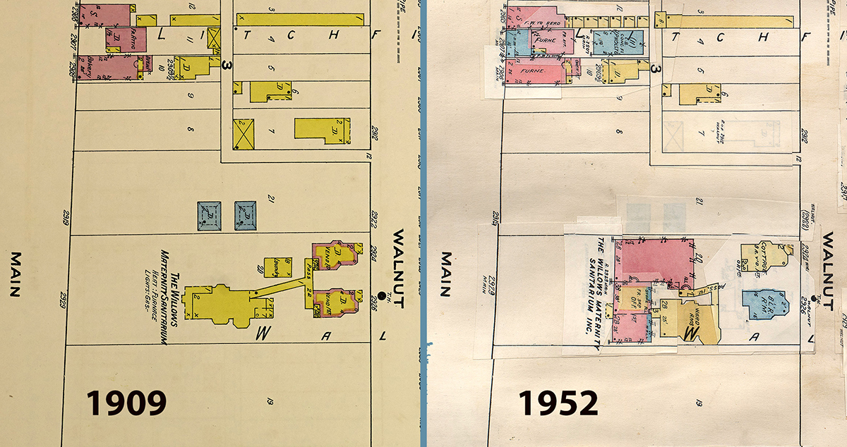 Maps showing changes to the Willows at 2929 Main (left 1909, right 1952).