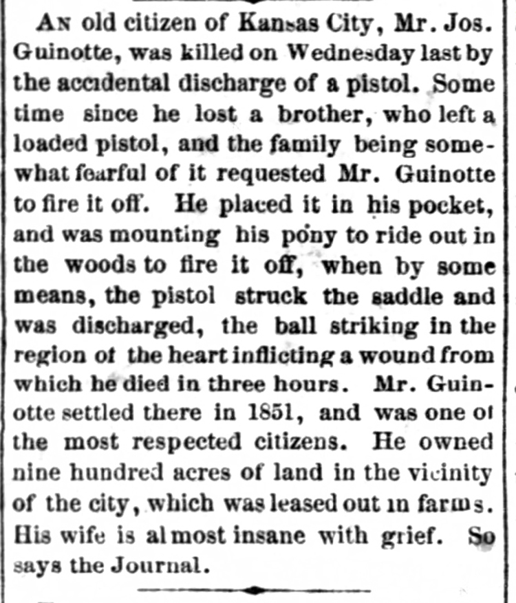 The Death of Joseph Guinotte as reported on September 7, 1867. THE DAILY KANSAS TRIBUNE