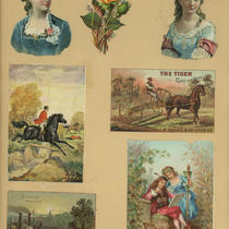 Advertising Card Scrapbook Page 9 with Women, Horses, and Country Scenes