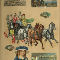 Advertising Card Scrapbook Page 65 with Horse-Drawn Carriage and Ships