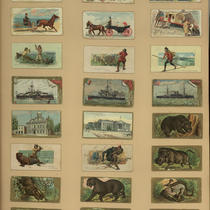 Advertising Card Scrapbook Page 39 with Animals, Carriages, Ships, and Hunting Scenes